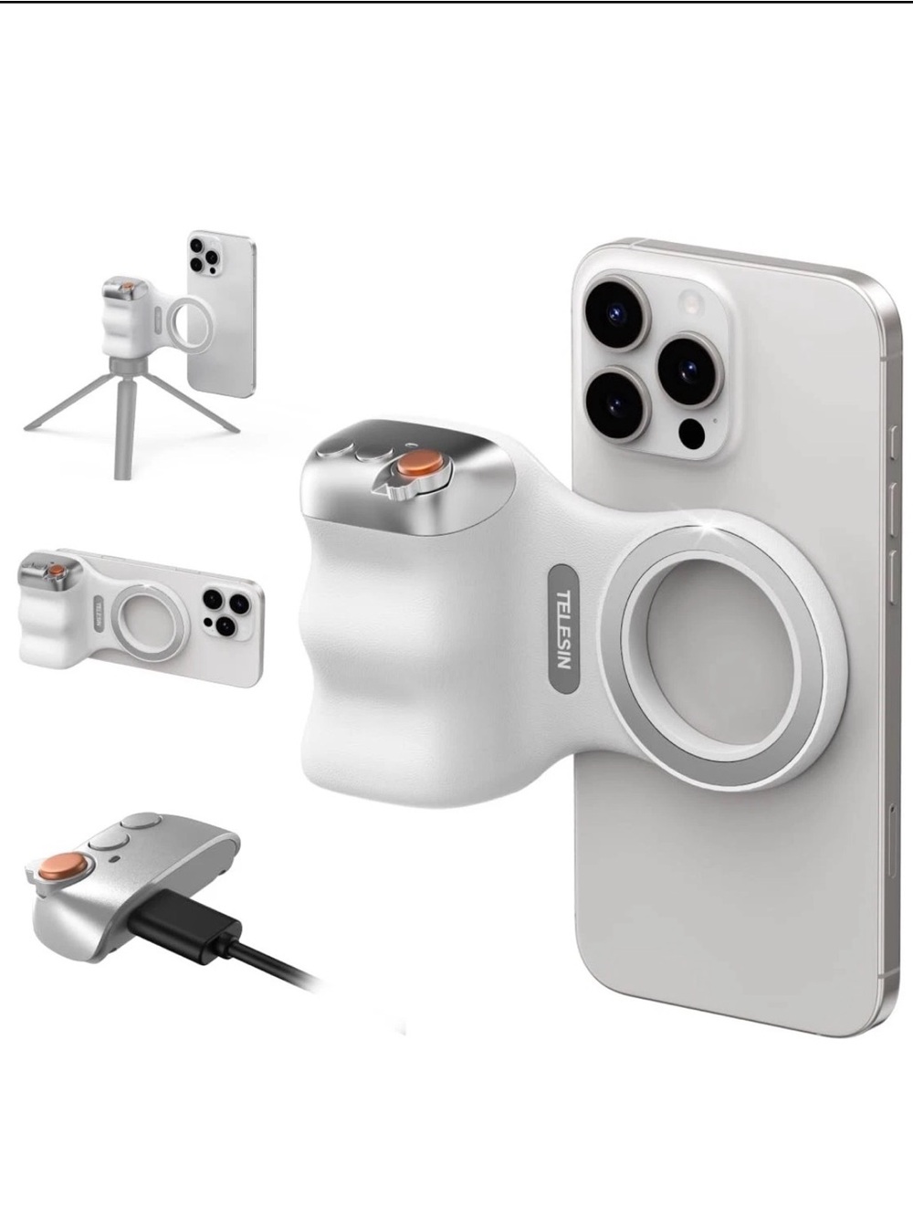 TELESIN Fun Shot Magnetic Grip 2 Smartphone Camera Shutter Handle - White/Silver